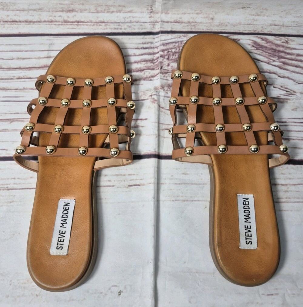 Steve Madden Beil Slide Sandals Tan With Gold Tone Hardware Womens 9 Flats